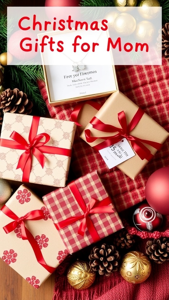 Thoughtful Christmas Gift Ideas for Mom A collection of Christmas gifts for mom including jewelry, spa products, and a blanket, wrapped in festive decorations.